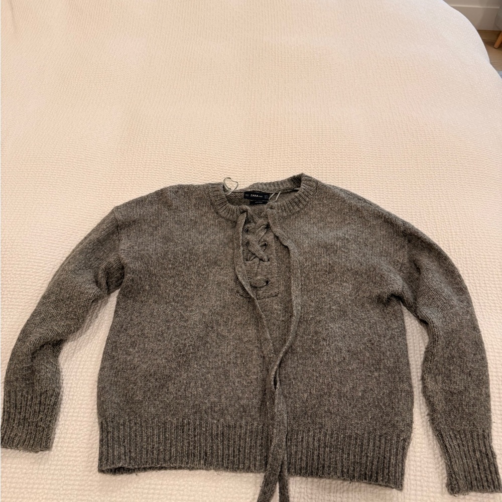 Zara Gray Crew Neck Sweater with Lace-Up Detail